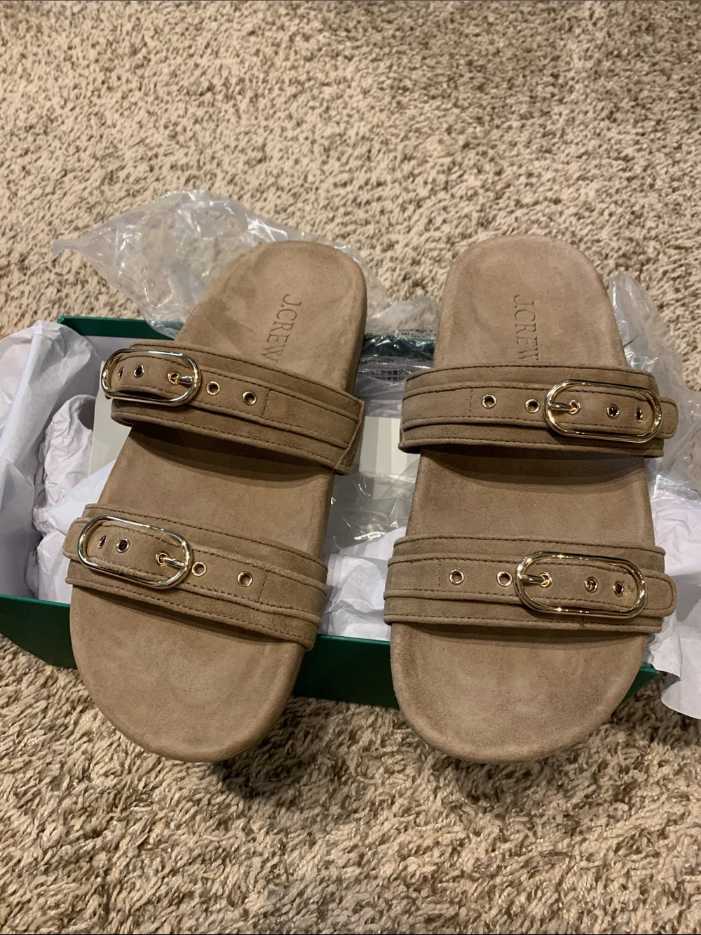 J. Crew New In Box Tan Suede Double-Strap Slide Sandals with Gold Buckles